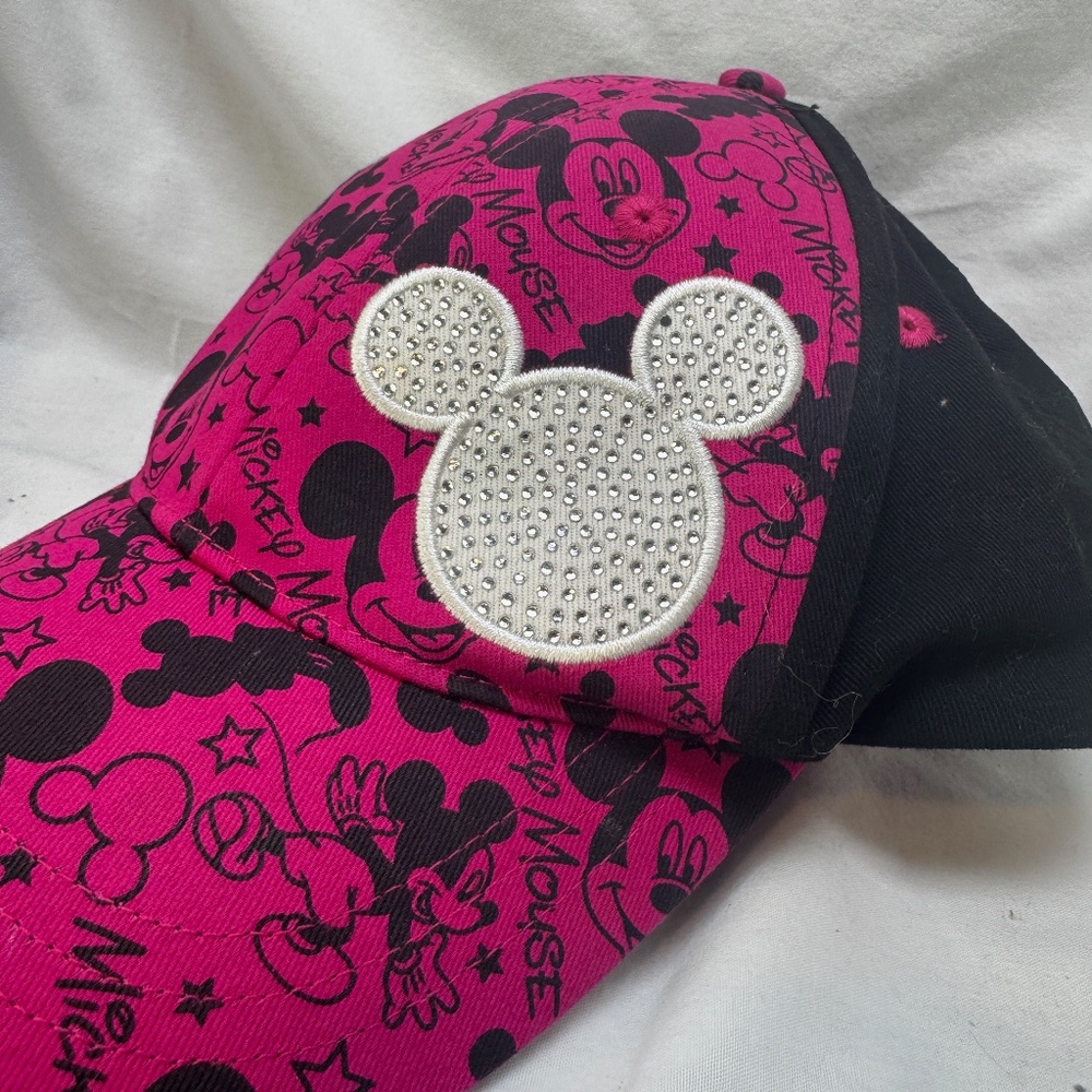 Disney Parks Micky Mouse Baseball Cap Youth Pink Fuschia Rhinestone Bling Adj